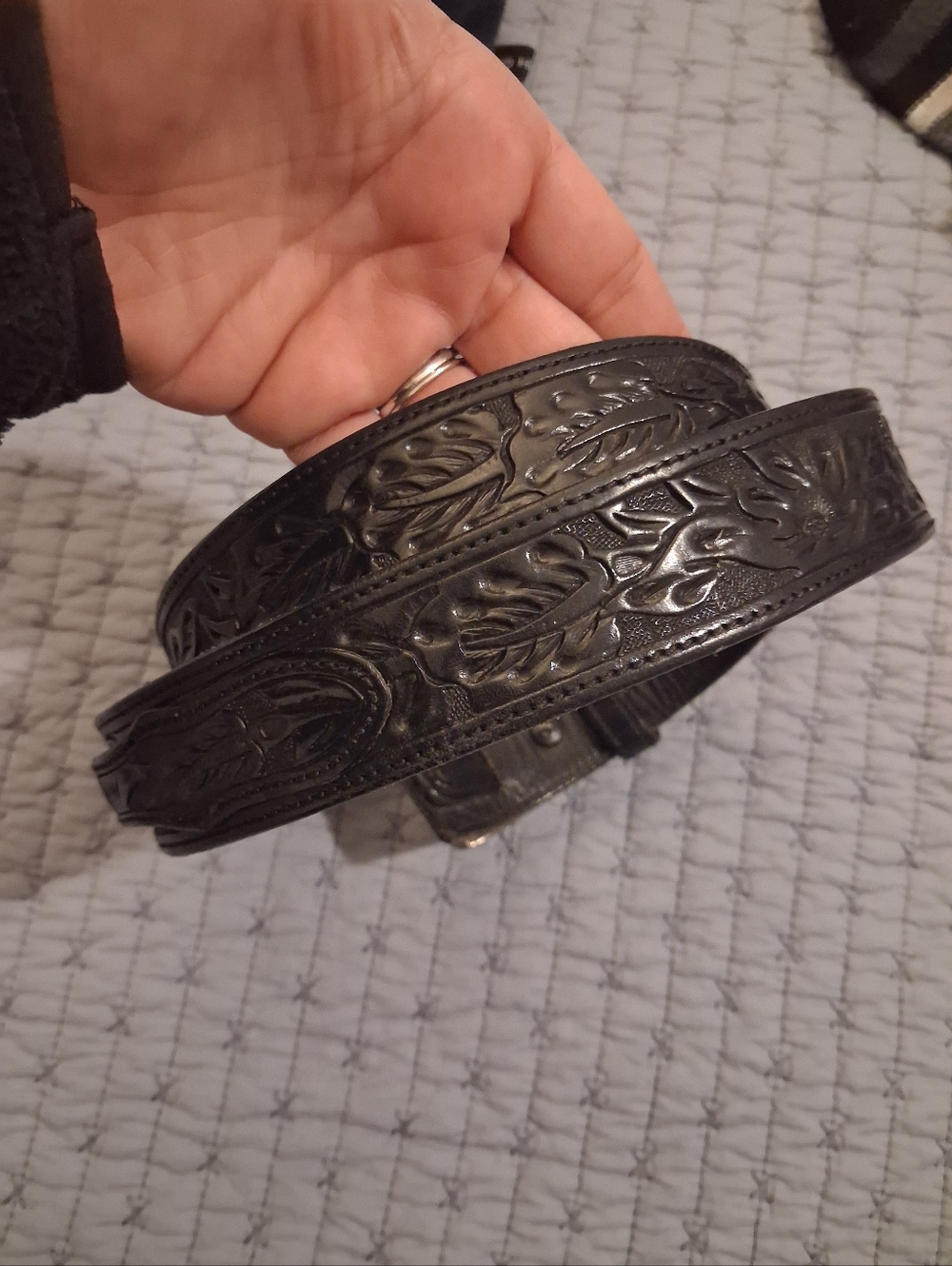 VOGT MARKED STERLING SILVER BLACK FLORAL DESIGN BELT